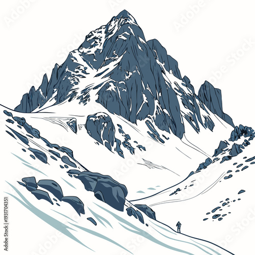 Frozen rocky mountain peak with snow and climber