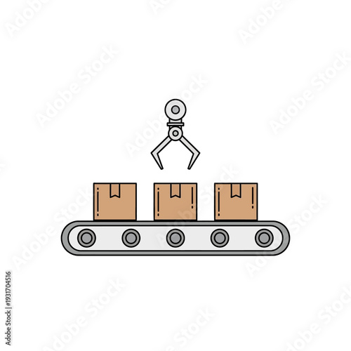 Industrial robotic arm handling cardboard boxes on conveyor belt.