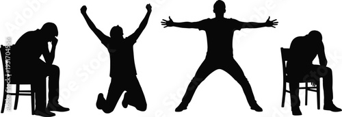 Silhouette set of a man expressing different emotions from sadness and depression while sitting to victory and success with joy