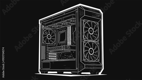 Minimalist Black and White Line Art Illustration of a High Performance Custom Gaming PC Desktop Tower with RGB Cooling Fans and Hardware Components