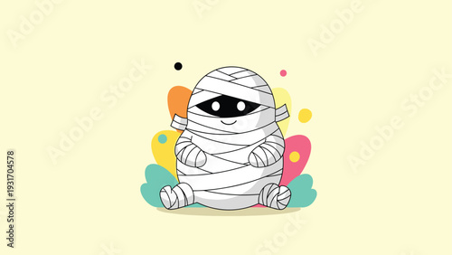 Cute little mummy character wrapped in white bandages sitting against a background of vibrant colorful abstract shapes.