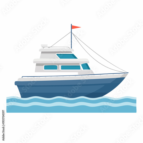 A blue and white yacht sailing on blue wavy water under a flag