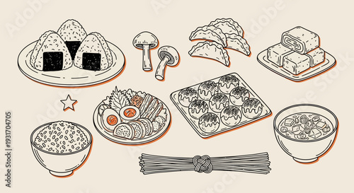 Illustration of various japanese foods including onigiri takoyaki and ramen