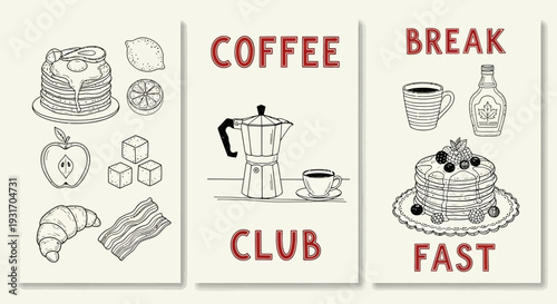 Breakfast and coffee themed illustrations in a triptych arrangement high quality