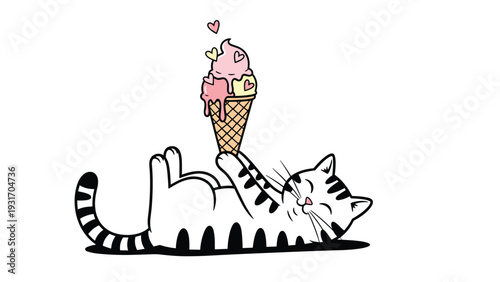 Playful striped cat lying on its back and balancing a multi flavored ice cream cone with small hearts on its feet and paws.