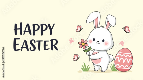 Happy easter greeting card featuring a cute white rabbit holding a pink flower next to an easter egg and flying butterflies.