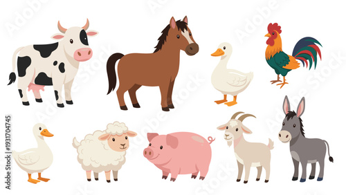 Collection of various cute farm animals including a cow horse pig sheep goat rooster duck and donkey on a plain white background.