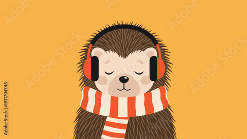 Cute hedgehog wearing a warm red and white striped scarf and headphones while listening to music with eyes closed in peace.