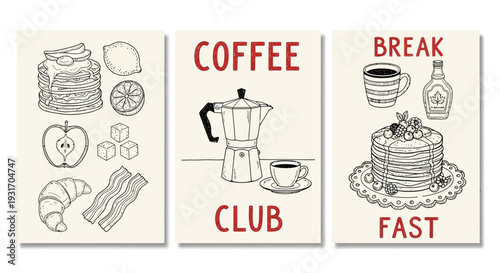 Three sketch style panels depicting breakfast items like coffee pancakes and bacon