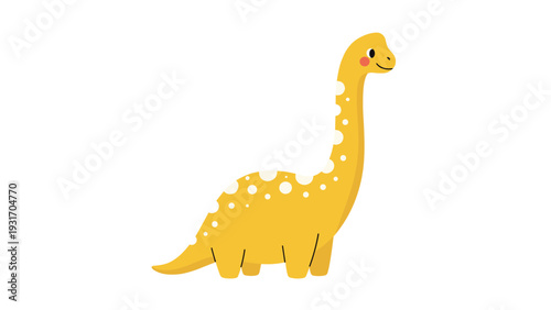 Friendly yellow brachiosaurus dinosaur with white spots and a long neck standing on a plain white background in a cute art style.