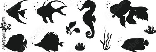 Black silhouette collection of fitness athletes, construction workers, coral reef plants, marine animals, and girl reaching for a star, isolated icons,