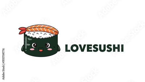 Adorable nigiri sushi character with a happy face and shrimp tail on top next to the text lovesushi for japanese food lovers.