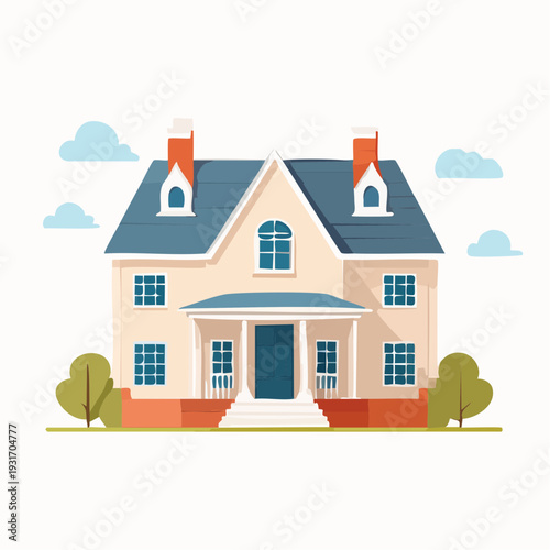 Charming two-story house with a welcoming front porch and blue roof