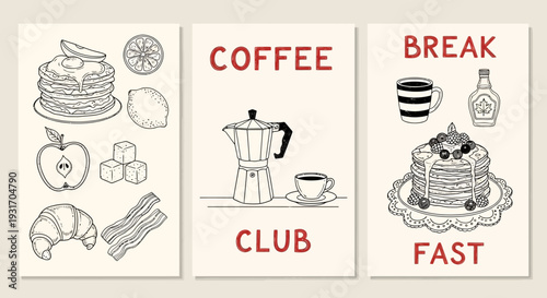 Three sketched panels depicting breakfast foods coffee and related items
