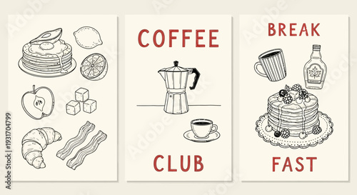 Breakfast and coffee themed sketches arranged as a triptych art print