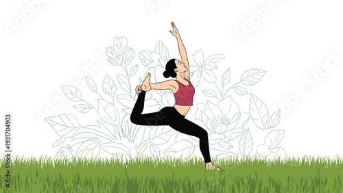 Woman practicing yoga poses in a green grassy field with a beautiful floral sketch in the background for health and wellness.