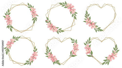 Set of geometric gold frames in circular and heart shapes decorated with pink flowers and green leaves for romantic designs.