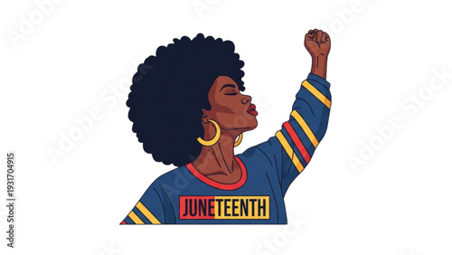 A woman celebrating Juneteenth with her fist raised in empowerment