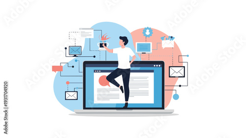 Man standing on a giant laptop and interacting with digital content like emails and blog posts for a social media marketing concept.