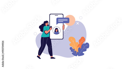 Woman walking and using her smartphone for a video call or messaging with a circular profile icon and chat bubbles appearing.