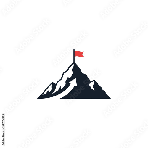 Mountain peak with red flag illustration symbolizing achievement and success.