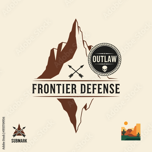 Frontier Defense logo featuring a mountain range, crossed arrows, and an outlaw emblem with a skull, set against a light beige background with submark and desert landscape elements.