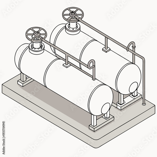 Isometric view of hydrogen pipeline infrastructure unit with valves and pipes