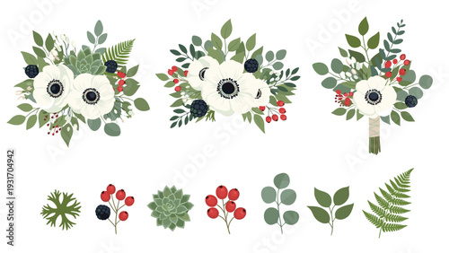 Set of three floral bouquets featuring white anemones dark berries and various green leaves along with separate botanical elements.