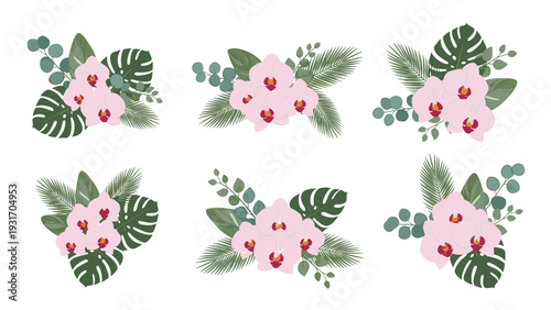 Collection of six elegant floral bouquets featuring pink orchid flowers and tropical green leaves for exotic and modern decorations.