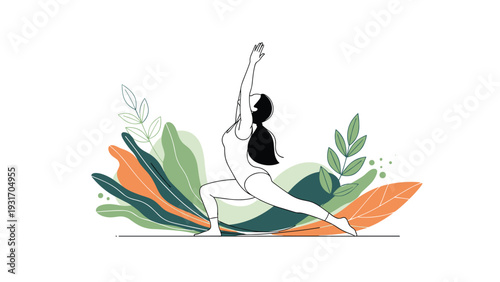 Woman practicing a yoga stretch in front of a colorful abstract background of green and orange leaves for health and mindfulness.