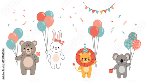 Set of cute animals including a bear rabbit lion and koala holding colorful balloons and gifts at a festive birthday celebration.