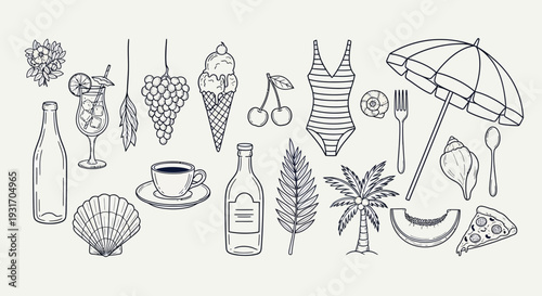 Summer themed line art illustrations food beachwear and tropical elements