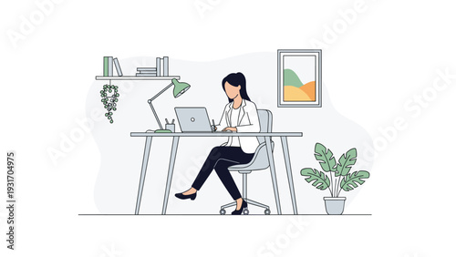Businesswoman working on a laptop in a clean and modern office space with minimalist furniture and green plants for productivity.