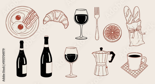 Breakfast and wine illustration featuring eggs pastries coffee and fruit
