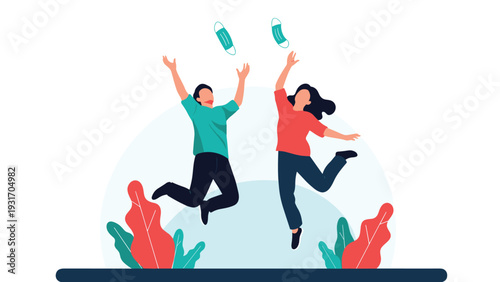 Happy man and woman jumping for joy and throwing their face masks in the air to mark the end of pandemic restrictions and lockdowns.
