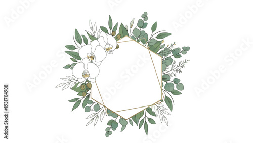 Golden geometric frame decorated with elegant white orchids and fresh green eucalyptus leaves isolated on a plain white background for wedding stationery.