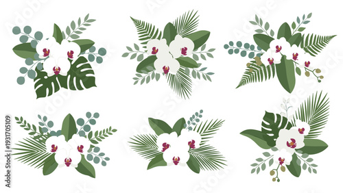 Collection of six exotic floral arrangements featuring white orchids paired with diverse tropical leaves like monstera and palm on a white background.