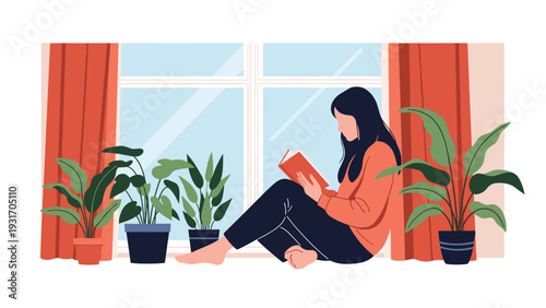 Peaceful illustration of a girl sitting on a window sill and reading a book surrounded by several indoor plants in a warm and cozy atmosphere.