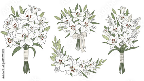 Collection of four hand-drawn white lily bouquets with green buds and leaves in various elegant arrangements isolated on a plain white background.