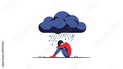 Conceptual illustration of a person sitting curled up under a dark rain cloud representing depression, sadness, or feeling overwhelmed by emotions.