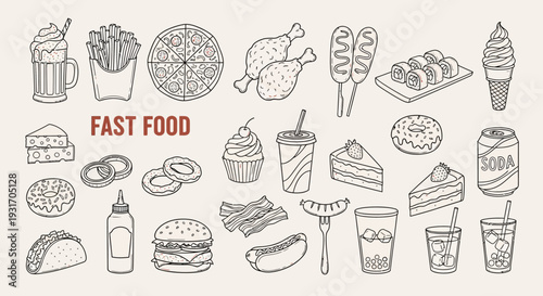 Variety of fast food items presented in a doodle style illustration