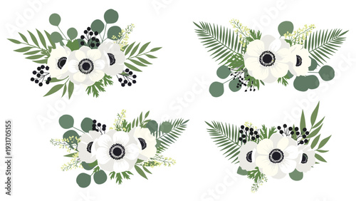 Collection of four stylish floral arrangements with white anemones, dark berries, and green fern leaves isolated on a plain white background for design.