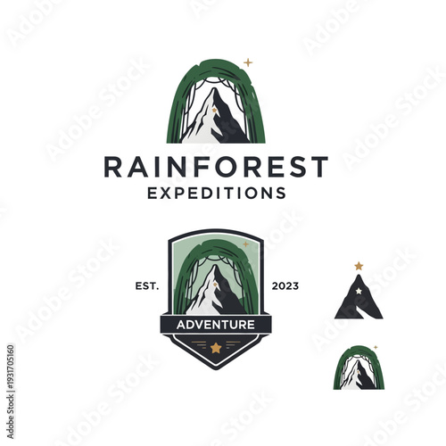 A collection of adventure and expedition logos featuring stylized mountains and rainforest elements, perfect for outdoor travel branding.