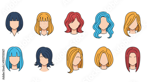 Collection of ten different female hairstyles in various vibrant colors and lengths presented in two rows isolated on a clean white background.