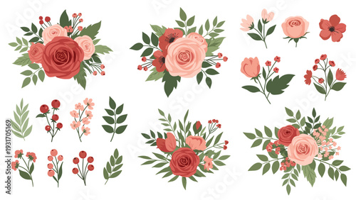 Extensive collection of red and pink rose bouquets, individual flowers, leaves, and berries isolated on a white background for custom floral designs.