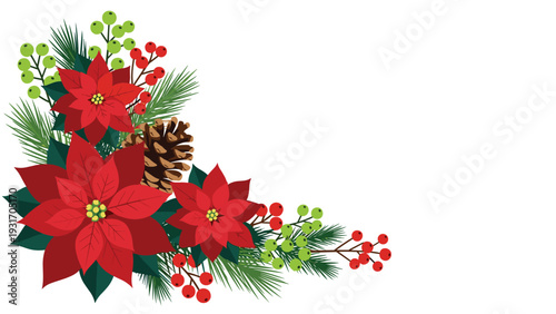 Festive Christmas corner arrangement with red poinsettia flowers, green pine needles, berries, and a pine cone on a white background for holiday cards.
