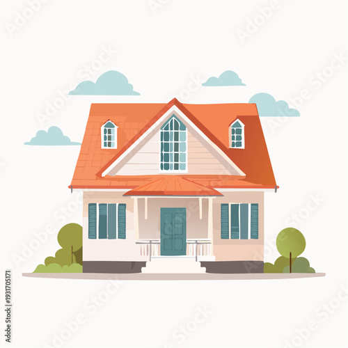 Charming detached house with a vibrant orange roof and surrounding greenery