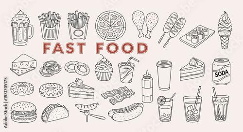 An assortment of hand drawn fast food items and sugary treats