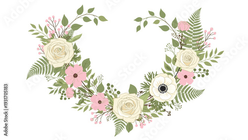 Romantic heart-shaped floral wreath composed of cream roses, pink anemones, and green fern leaves isolated on a white background for invitations.