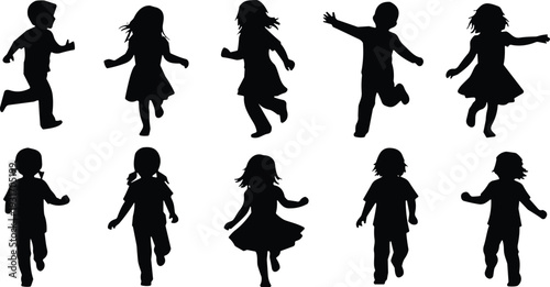 Black silhouette collection of happy children running and playing, group of kids jumping and dancing vector icons for childhood designs.